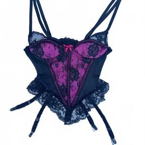 VINTAGE EMIL BOLE Black & Pink Lace Corset with Garters SIZE S - 90s WHIMSYGOTH